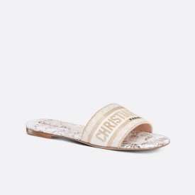 DIOR DWAY SLIDE White and Gold-Tone Cotton Embroidered with Dior Jardin d'Hiver Motif in Gold-Tone Metallic Thread